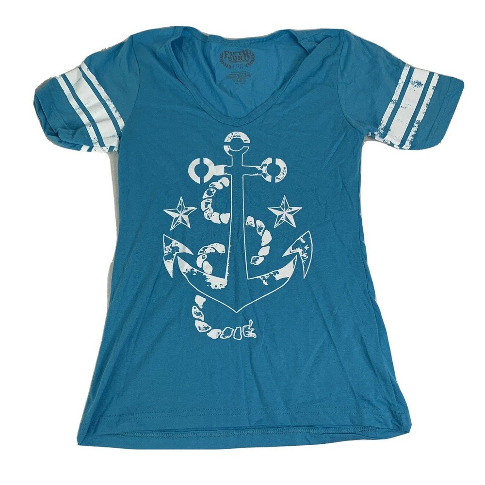 NWOT Fifth Sun Turquoise Anchor Sea Shell Ringer T-Shirt, Size Large (Junior)